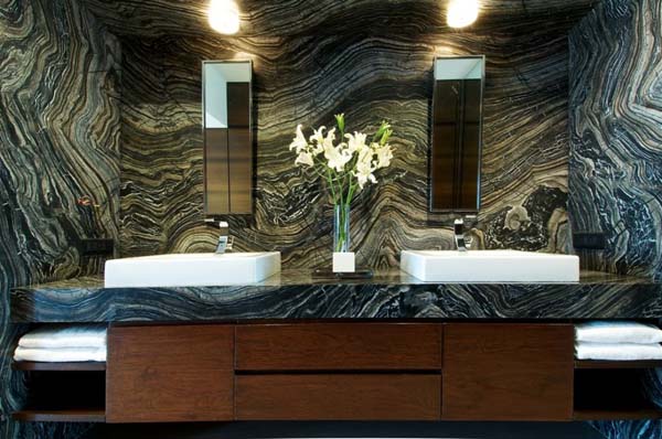 stone wall design and wooden bathroom cabinet