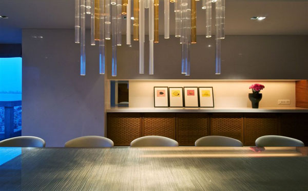 unique lighting fixture in dining room