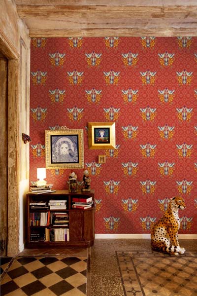 red wallpaper with floral patterns