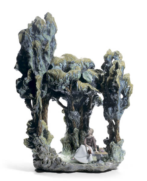 forest trees and girl figurine