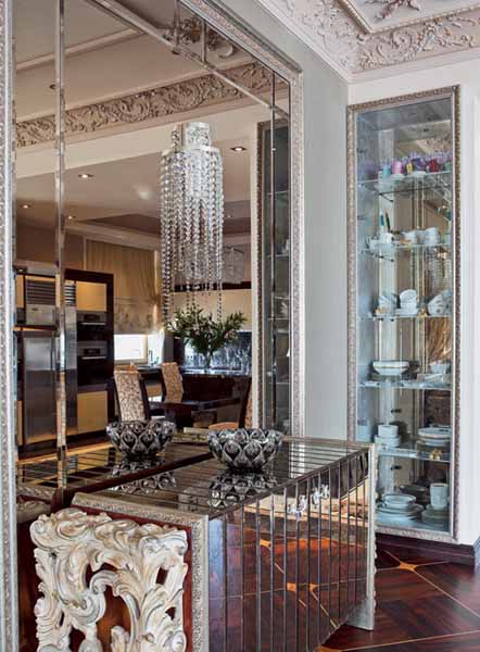 mirrored console table and mirror wall design