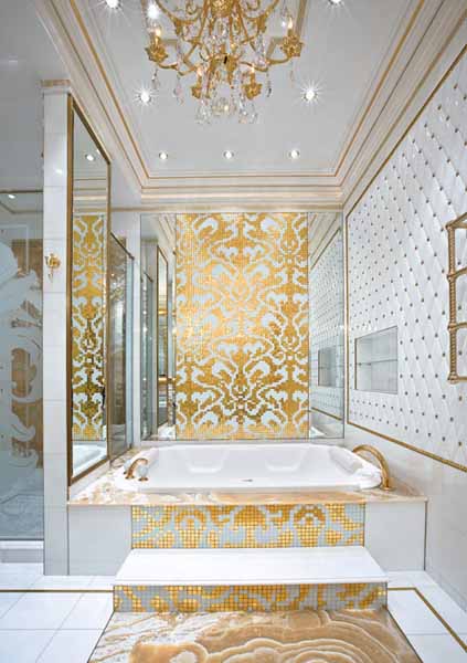  bathroom design with mosaic tiles in white and golden colors 