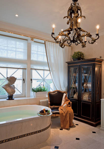 wood furniture and bathtub in modern bathroom