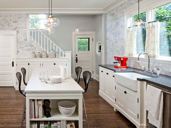 white kitchen cabinets and dining