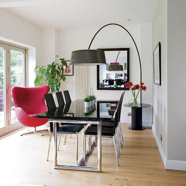 red chair in black ad white, decorate dining room