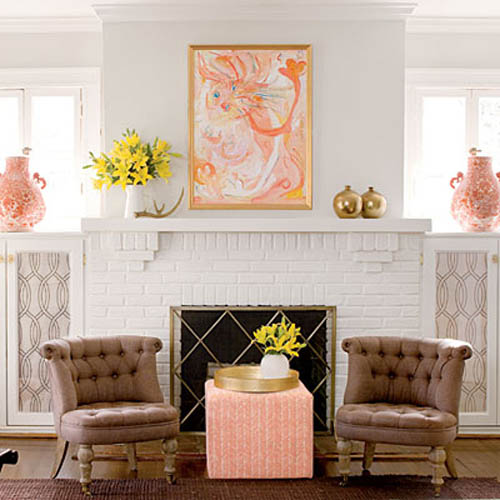 Living room design with white lacquered fireplace