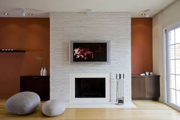 contemporary fireplace on white wall