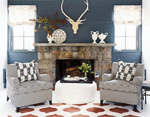 paint natural stone fireplace and blue wall