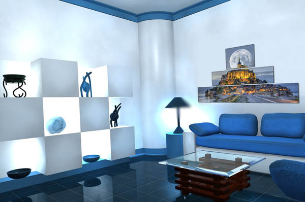 blue paint andposters for room decorating