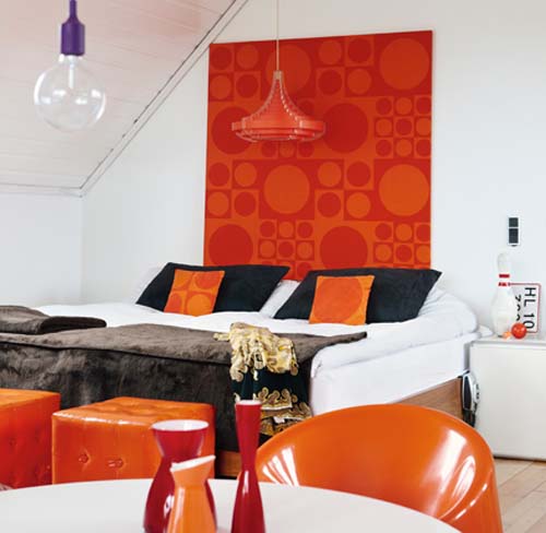 retro furniture and decor accessories in orange and red colors