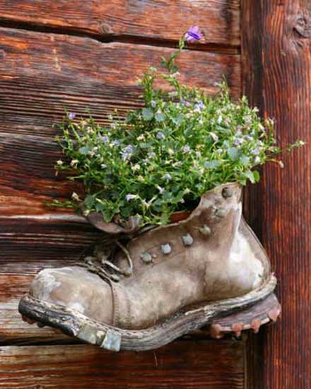 hanging boot container with plants