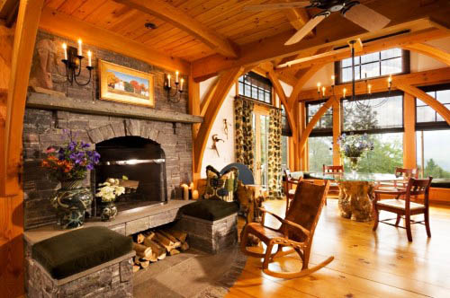 Living room design with stone fireplace and bamboo chair