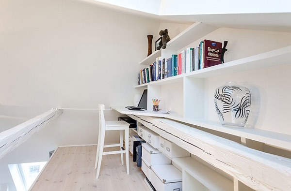 white home office with shelves
