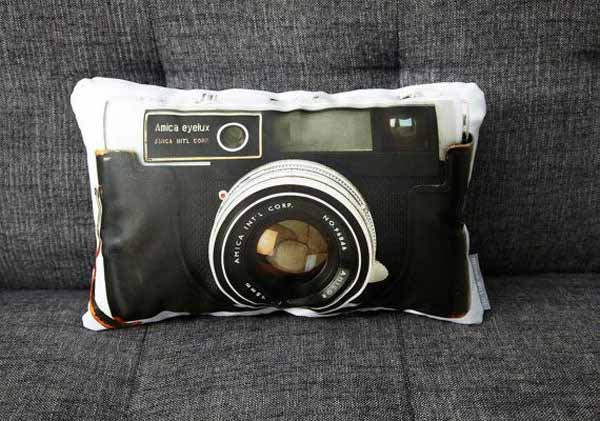 old camera print on pillow