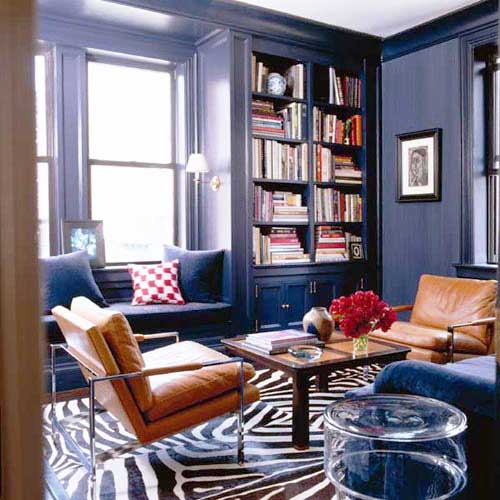 blue painted window frames and window seat
