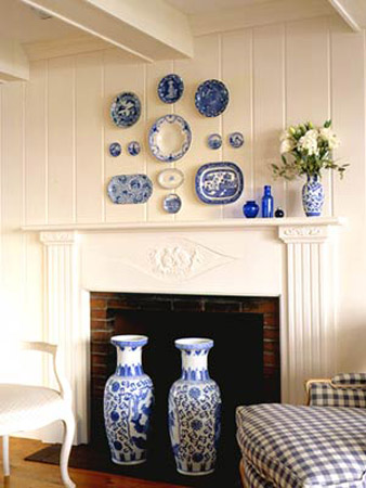 blue plates for fireplace wall decorating