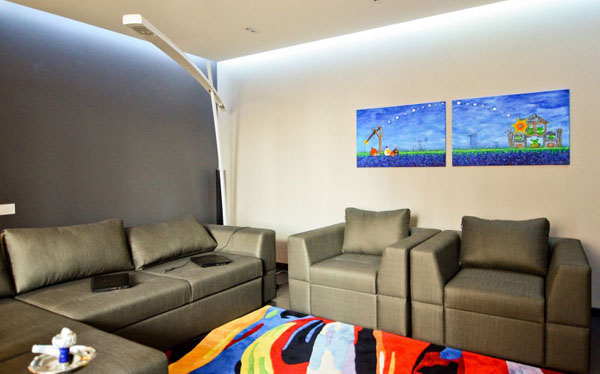 bright floor rug in living room