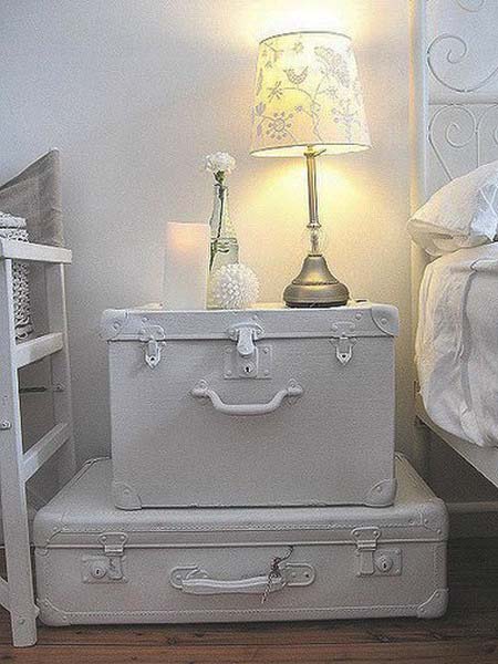 old suitcases painted white for bedroom decorating