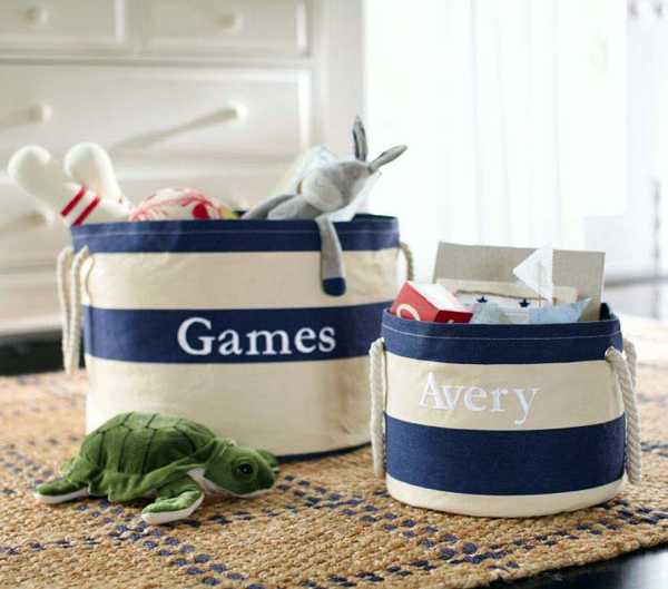 canvas storage bag with white and blue stripes