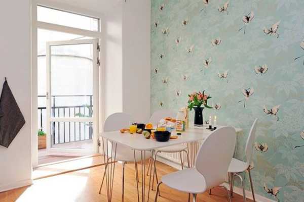 blue wallpaper and dining room furniture set
