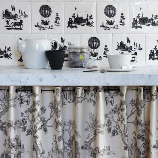  black and white tiles and decorative curtain fabric 