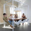 modern table design with hanging chairs