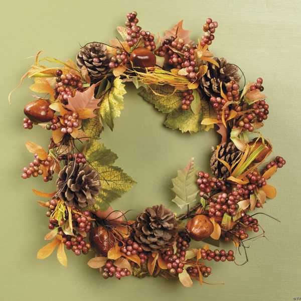 pine cones and leaves on handmade wreath
