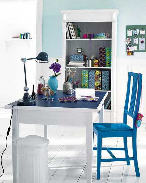 white and blue table and chair