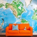 orange sofa upholstery fabric and blue map on wall