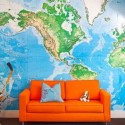 orange sofa upholstery fabric and blue map on the wall