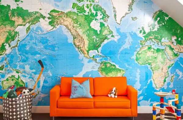 orange sofa upholstery fabric and blue map on the wall