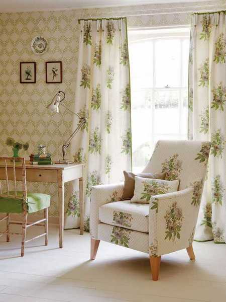 green and white curtains, wallpaper pattern and chair upholstery fabric