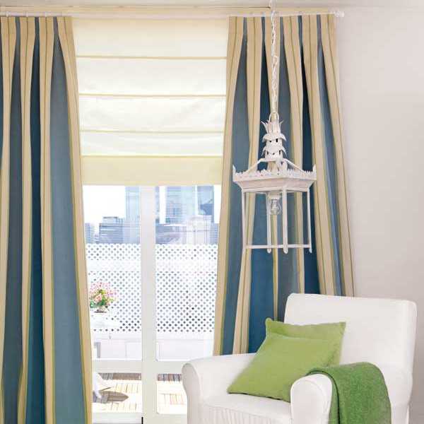 blue and white striped curtains and white shades
