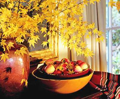 yellow autumn foliage and red apples