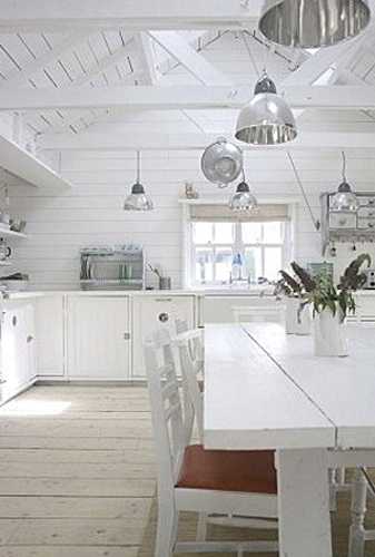 white kitchen cabinets and solid wood dining table