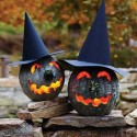 black pumpkins in witch hats