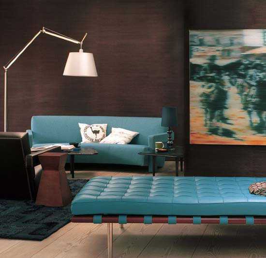brown wall color and turquoise upholstery fabric