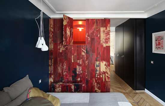 bedroom design with red wall panels