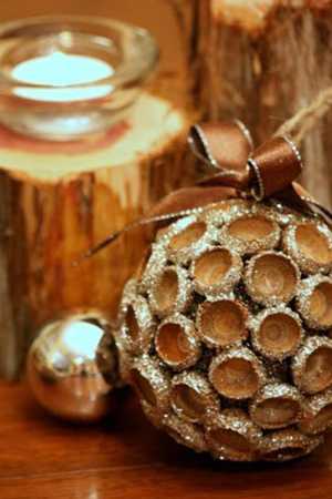 handmade cristmas decorations on acorns made