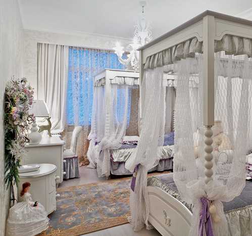 children's bedroom decoration with two four-poster beds in White