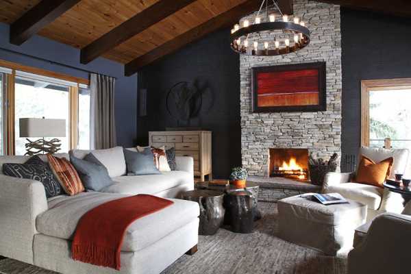 white living room furniture and stone fireplace
