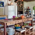 wooden kitchen island with stools