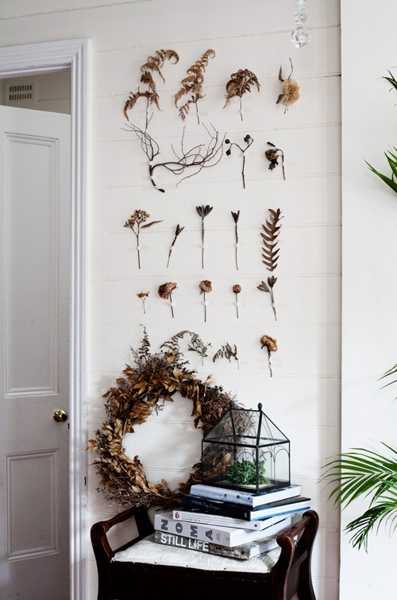 wall decoration with leaves and dry flowers