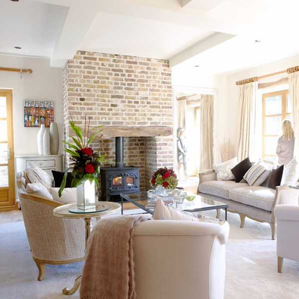 brick fireplace wall and living room furniture in French style