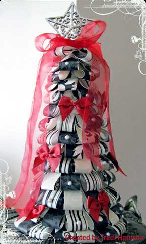 black and white ribbon christmas tree with red bows
