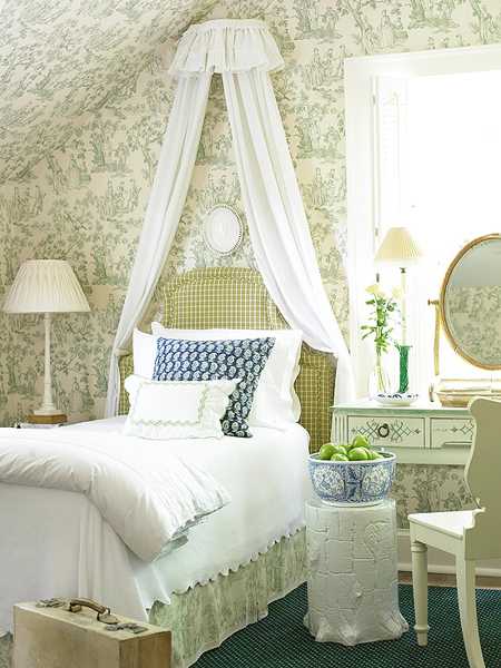 green wallpaper and white linen for bedroom decor