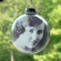 glass christmas tree decorations with black and white photographs