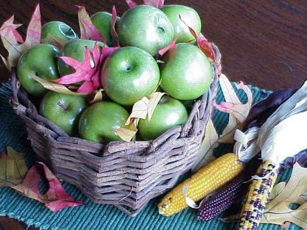 Basket with green apples and autumn leaves for easy thanks Decorating