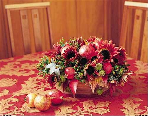 fall leaves and fruits on Thanksgiving table centerpiece