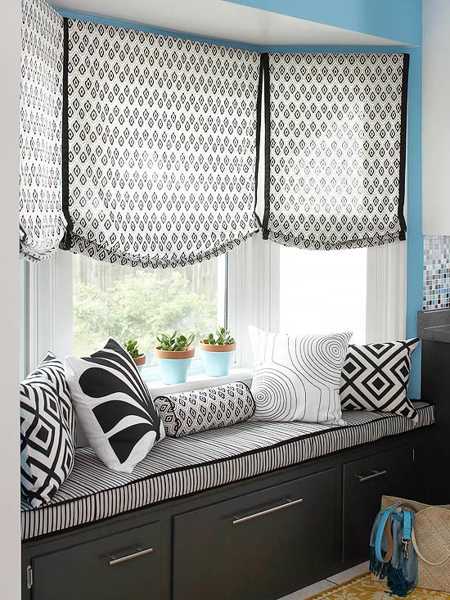 black and white window sill cushions and curtains